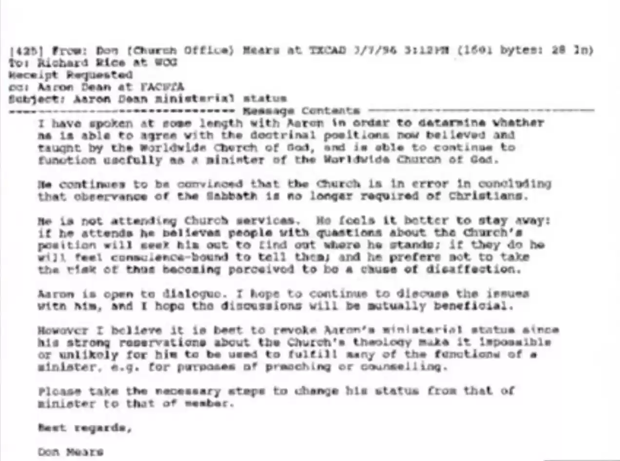 Aaron Dean, Memo removing him, 7March1994